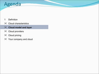 Agenda 1 Definition   Cloud characteristics   Cloud model and layer Cloud providers Cloud pricing Your company and cloud 