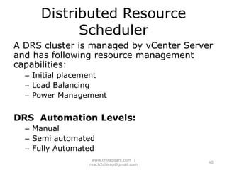 Storage OverviewVMware vStorage VMFSNASDatastore TypesLocally AttachedFiber ChanneliSCSINASStorage TechnologyDatastores are logical containers, like file systems, that hide specifics of each storage device and provide a uniform model for storing virtual machine files. Datastores can also be used for storing ISO images, virtual machine templates, and floppy images.29www.chiragdani.com  |  reach2chirag@gmail.com