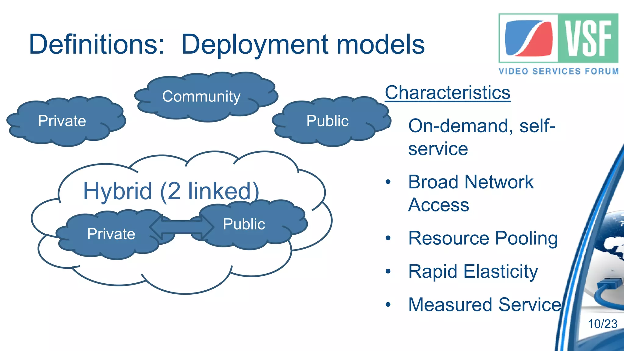 Definitions: Deployment models
                    Community               Characteristics
Private                            Public   • On-demand, self-
                                              service
                                            • Broad Network
      Hybrid (2 linked)                       Access
                          Public
          Private                           • Resource Pooling
                                            • Rapid Elasticity
                                            • Measured Service
                                                                 10/23
 