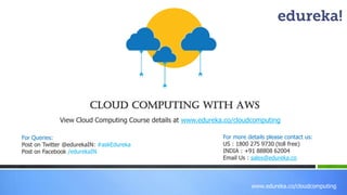 www.edureka.co/cloudcomputing
Cloud Computing with AWS
For Queries:
Post on Twitter @edurekaIN: #askEdureka
Post on Facebook /edurekaIN
For more details please contact us:
US : 1800 275 9730 (toll free)
INDIA : +91 88808 62004
Email Us : sales@edureka.co
View Cloud Computing Course details at www.edureka.co/cloudcomputing
 