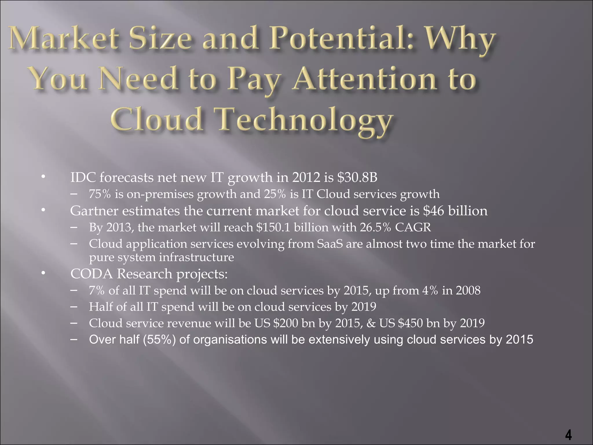 •   IDC forecasts net new IT growth in 2012 is $30.8B
    – 75% is on-premises growth and 25% is IT Cloud services growth
•   Gartner estimates the current market for cloud service is $46 billion
    – By 2013, the market will reach $150.1 billion with 26.5% CAGR
    – Cloud application services evolving from SaaS are almost two time the market for
      pure system infrastructure
•   CODA Research projects:
    –   7% of all IT spend will be on cloud services by 2015, up from 4% in 2008
    –   Half of all IT spend will be on cloud services by 2019
    –   Cloud service revenue will be US $200 bn by 2015, & US $450 bn by 2019
    –   Over half (55%) of organisations will be extensively using cloud services by 2015




                                                                                            4
 