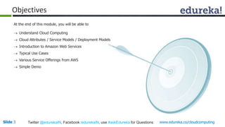 Objectives 
At the end of this module, you will be able to 
 Understand Cloud Computing 
 Cloud Attributes / Service Models / Deployment Models 
 Introduction to Amazon Web Services 
 Typical Use Cases 
 Various Service Offerings from AWS 
 Simple Demo 
Slide 3 Twitter @edurekaIN, Facebook /edurekaIN, use #askEdureka for Questions www.edureka.co/cloudcomputing 
 