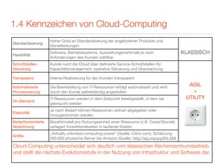 1.4 Kennzeichen von Cloud-Computing
                     Hoher Grad an Standardisierung der angebotenen Produkte und
Standardisierung
                     Dienstleistungen

Flexibilität
                     Software, Betriebssysteme, Ausstattungsmerkmale je nach                  KLASSISCH
                     Anforderungen des Kunden wählbar
Schnittstellen-      Kunde nutzt die Cloud über deﬁnierte Service-Schnittstellen für
Steuerung            Kapazitätsmanagement, operative Steuerung und Überwachung

Transparenz          Interne Realisierung für den Kunden transparent

Automatisierte       Die Bereitstellung von IT-Ressourcen erfolgt automatisiert und wird
                                                                                                AGIL
Provisionierung      durch den Kunde selbstständig angestoßen                                     +
                     IT-Ressourcen werden in dem Zeitpunkt bereitgestellt, in dem sie          UTILITY
On-Demand
                     gebraucht werden
                     Je nach Bedarf können Ressourcen zeitnah abgegeben oder
Elastizität
                     hinzugenommen werden
Bedarfsorientierte   Bezahlmodell pro Nutzungseinheit einer Ressource (z.B. Cores/Stunde)
Abrechnung           verlagert Investitionskosten in laufende Kosten
                     „Virtually unlimited computing power“ (Quelle: Citrix.com); Schätzung:
Größe
                     500.000 physische Server bei Amazon (Quelle: http://wp.me/pqvFA-2M)

Cloud-Computing unterscheidet sich deutlich vom klassischen Rechenzentrumsbetrieb
und stellt die nächste Evolutionsstufe in der Nutzung von Infrastruktur und Software dar.
 