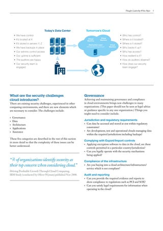 Thought Leadership White Paper   3




                                       Today’s Data Center         Tomorrow’s Cloud
      •	 We have control                                                                                      •	 Who has control?
                                                                     Virtual             Virtual
      •	 It’s located at X                                          Machine             Machine               •	 Where is it located?
      •	 It’s stored in servers Y, Z                                   Abstraction Layer            Virtual
                                                                                                              •	 Where is it stored?
                                                                    (Virtualization/Hypervisor)    Machine
      •	 We have backups in place                                                                             •	 Who backs it up?
      •	 Our admins control access                                                                            •	 Who has access?
      •	 Our uptime is sufficient                                                                             •	 How resilient is it?
      •	 The auditors are happy                                                                               •	 How do auditors observe?
      •	 Our security team is                                                                                 •	 How does our security
         engaged                                                                                                 team engage?




What are the security challenges                                  Governance
cloud introduces?                                                 Achieving and maintaining governance and compliance
There are existing security challenges, experienced in other      in cloud environments brings new challenges to many
computing environments, and there are new elements which          organizations. (This paper should not be seen as legal advice
are necessary to consider. The challenges include:                or guidance specific to any one organization.) Things you
                                                                  might need to consider include:
•	   Governance
•	   Data                                                         Jurisdiction and regulatory requirements
                                                                  •	 Can data be accessed and stored at rest within regulatory
•	   Architecture
•	   Applications                                                    constraints?
                                                                  •	 Are development, test and operational clouds managing data
•	   Assurance
                                                                     within the required jurisdictions including backups?
These five categories are described in the rest of this section
                                                                  Complying with Export/Import controls
in more detail so that the complexity of these issues can be
                                                                  •	 Applying encryption software to data in the cloud, are these
better understood.
                                                                     controls permitted in a particular country/jurisdiction?
                                                                  •	 Can you legally operate with the security mechanisms

                                                                     being applied?

  /
“ 2 3 of organizations identify security as                       Compliance of the infrastructure
their top concern when considering cloud.”                        •	 Are you buying into a cloud architecture/infrastructure/

                                                                     service which is not compliant?
Driving Profitable Growth Through Cloud Computing,
IBM Study (conducted by Oliver Wyman) published Nov 2008.         Audit and reporting
                                                                  •	 Can you provide the required evidence and reports to

                                                                     show compliance to regulations such as PCI and SOX?
                                                                  •	 Can you satisfy legal requirements for information when

                                                                     operating in the cloud?
 