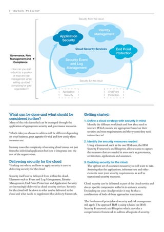 6     Cloud Security – Who do you trust?



                                                                  Security from the cloud



                                                                                  Identity
                                                                                Management
                                              Application
                                               Security

                                                               Cloud Security Services             End Point
                                                                                                   Protection
Governance, Risk
Management and                                      Security Event
  Compliance
                                                      and Log
     How can you start                              Management
    to build to a position
       of trust and risk
     management when
                                                                  Security for the cloud
      setting up cloud
     computing for your
        organization?
                                                 Application                                 End Point
                                                  Security                                   Protection




What can be done and what should be                                    Getting started:
considered further?
                                                                       1. Define a cloud strategy with security in mind
Many of the risks identified can be managed through the
                                                                          Identify the different workloads and how they need to
application of appropriate security and governance measures.
                                                                          interact. Which models are appropriate based on their
                                                                          security and trust requirements and the systems they need
Which risks you choose to address will be different depending
                                                                          to interface to?
on your business, your appetite for risk and how costly these
measures are.
                                                                       2. Identify the security measures needed
                                                                          Using a framework such as the one IBM uses, the IBM
In many cases the complexity of securing cloud comes not just
                                                                          Security Framework and Blueprint, allows teams to capture
from the individual application but how it integrates into the
                                                                          the measures that are needed in areas such as governance,
rest of the organization.
                                                                          architecture, applications and assurance.

Delivering security for the cloud                                      3. Enabling security for the cloud.
Working out where and how to apply security is core to                    The upfront set of assurance measures you will want to take.
delivering security for the cloud.                                        Assessing that the applications, infrastructure and other
                                                                          elements meet your security requirements, as well as
Security itself can be delivered from within the cloud.                   operational security measures.
Elements such as Event and Log Management, Identity
Management, End Point Protection and Application Security              Cloud security can be delivered as part of the cloud service and
are increasingly delivered as cloud security services. Security        also as specific components added in to enhance security.
for the cloud will be down to what can be delivered in the             Depending on your cloud provider it may be that a
cloud and what needs to supplement that delivery framework.            combination of both of these approaches is necessary.

                                                                       The fundamental principles of security and risk management
                                                                       still apply. The approach IBM is using is based on IBM’s
                                                                       Security Framework and Blueprint which provides a
                                                                       comprehensive framework to address all aspects of security.
 