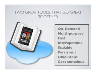 TWO GREAT TOOLS THAT GO GREAT
          TOGETHER

                  On-Demand
                  Multi-purpose
                  Fast
                  Interoperable
                  Scalable
                  Persistent
                  Ubiquitous
                  Cost conscious
 
