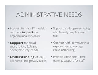 ADMINISTRATIVE NEEDS

• Support for new IT models     • Support a pilot project using
 and their impact on             a technically simple cloud
 organizational structure        tool

• Support   for cloud           • Connect with community to
 subscription, SLA and           explore needs, leverage
 privacy/security needs.         cloud computing

• Understanding     of legal,   • Provide  safety nets - time,
 economic, and privacy issues    training, support for staff
 