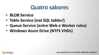 Quatro saboresBLOB ServiceTableService (not SQL tables!)QueueService (entre Web e Worker roles)Windows Azure Drive (NTFS VHDs)