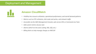 Deployment and Management


           Amazon CloudWatch
           • Visibility into resource utilization, operational performance, and overall demand patterns
           • Metrics such as CPU utilization, disk reads and writes, and network traffic
           • Accessible via the AWS Management Console, web service APIs or Command Line Tools
           • Add custom metrics of your own
           • Alarms (which tie into auto-scaling, SNS, SQS, etc.)
           • Billing Alerts to help manage charges on AWS bill
 