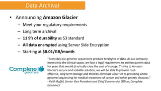 Data Archival
• Announcing Amazon Glacier
   –   Meet your regulatory requirements
   –   Long term archival
   –   11 9’s of durability as S3 standard
   –   All data encrypted using Server Side Encryption
   –   Starting at $0.01/GB/month
                    “Every day our genome sequencers produce terabytes of data. As our company
                    moves into the clinical space, we face a legal requirement to archive patient data
                    for years that would drastically raise the cost of storage. Thanks to Amazon
                    Glacier’s secure and scalable solution, we will be able to provide cost-
                    effective, long-term storage and thereby eliminate a barrier to providing whole
                    genome sequencing for medical treatment of cancer and other genetic diseases.”
                    - Keith Raffel, Senior Vice President and Chief Commercial Officer, Complete
                    Genomics
 