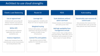 Architect to use cloud strengths


 Elastic Load Balancing                          Route 53                                  RDS                              Auto-scaling


     Use at regional level                     Leverage SLA                     Scale databases without             Dynamically scale resources &
  Combined with autoscaling will      Improve application reliability with          admin overhead                         control costs
  balance requests and resource       Route 53’s SLA on requests served      Choose instance size for databases      Only provision the resources that
 capacity across availability zones                                               and scale up over time            are required with scale up and cool
                                             Weighted routing                                                       down policies that match demand
          Within VPC                  Perform A/B analysis, and staged         Add high availability from
   Use to loadbalance between         application roll-outs by moving a         management console
    application tiers within an           portion of traffic to new           Create master-slave configurations
         availability zone                      infrastructure               and read-replicas. AWS takes care of
                                                                             the failover and recreation of a new
     Instance migrations                Control TTLs and updates               slave in event of master DB loss
  Easily move instances from dev        Take absolute control of DNS
environments to test environments     updates for more decisive system
     by moving between ELBs                       updates
 