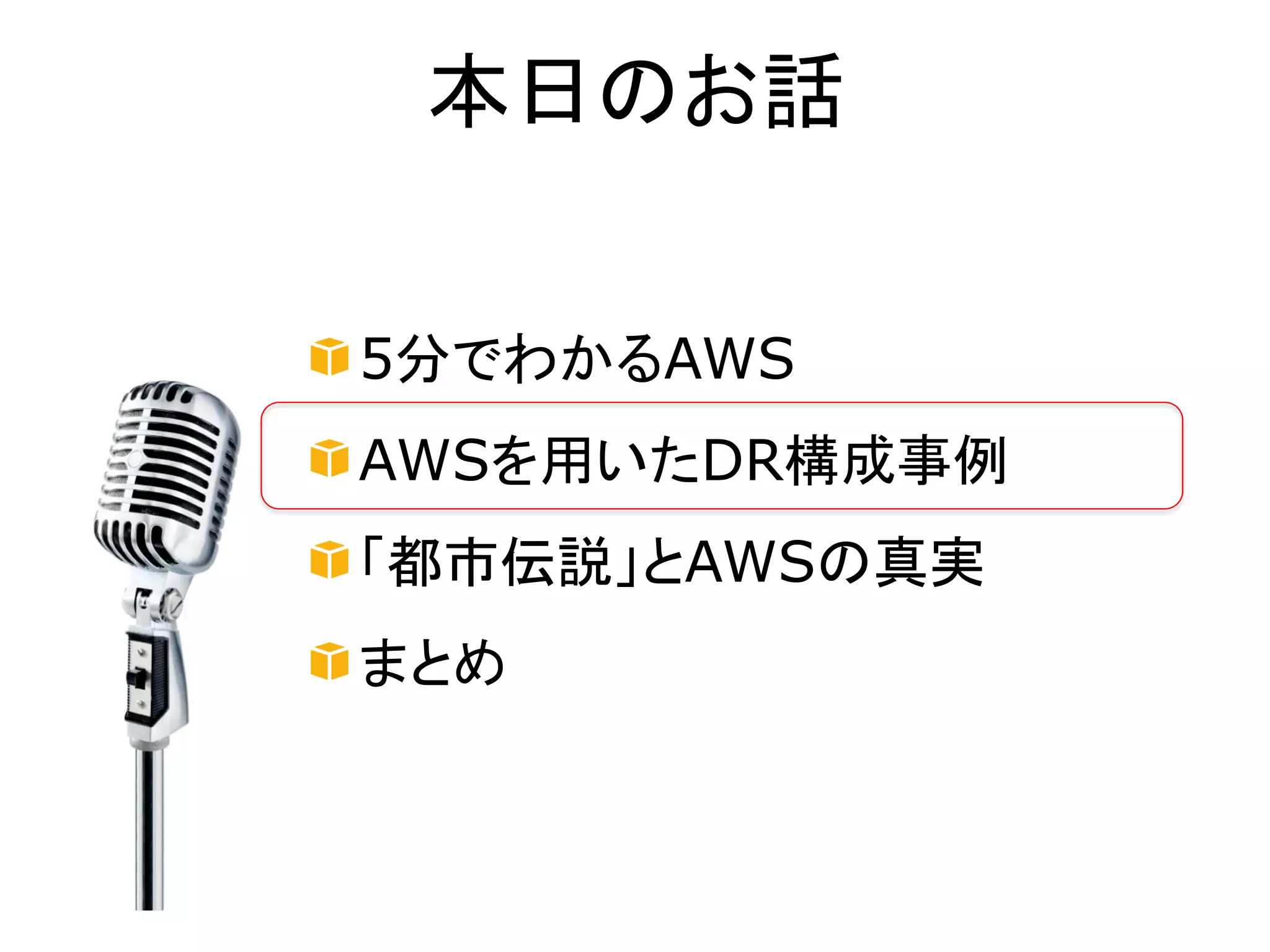 本日のお話


5分でわかるAWS
AWSを用いたDR構成事例
「都市伝説」とAWSの真実
まとめ
 