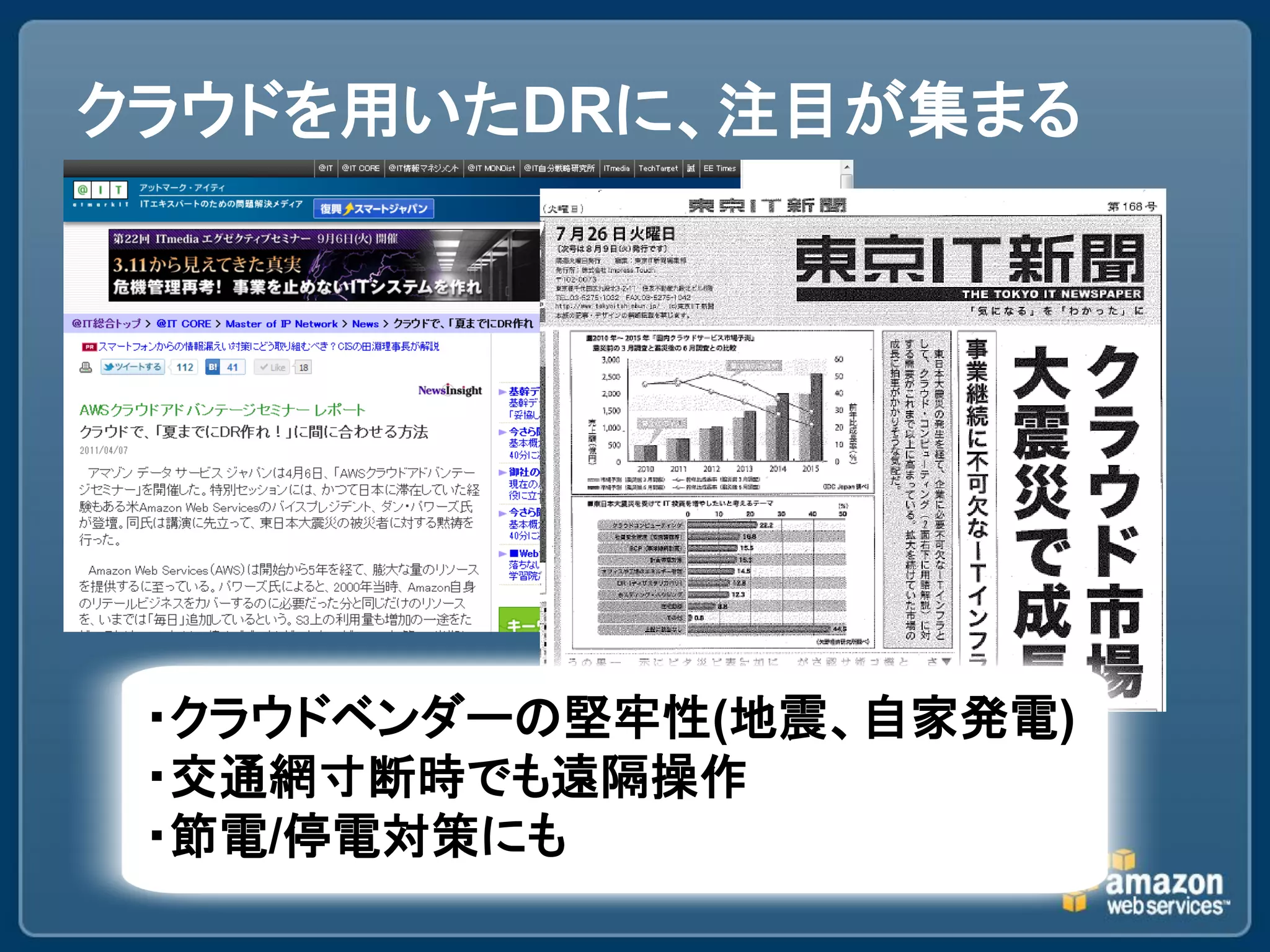 クラウドを用いたDRに、注目が集まる




 ・クラウドベンダーの堅牢性(地震、自家発電)
 ・交通網寸断時でも遠隔操作
 ・節電/停電対策にも
 