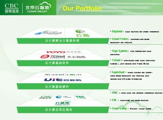 Our Portfolio 云计算解决方案服务商 云计算基础软件 云计算基础硬件 云计算应用及服务 Skycloud  – cloud solutions and system integration Cloud Frrame  – container data center technology and products Yoyo Systems  – high performance cloud  computing Tcloud  –  open-source based cloud computing platform ; joint venture with Trend Micro Supercloud –  highly scalable and custom- izable server technology and products; joint venture with US-based Supermicro  CNC  -- video cloud and network integration solutions Cloud Valley  – Beijing's cloud cluster T&I  – cloud-based call center solutions 