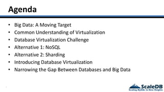 2
Agenda
• Big Data: A Moving Target
• Common Understanding of Virtualization
• Database Virtualization Challenge
• Alternative 1: NoSQL
• Alternative 2: Sharding
• Introducing Database Virtualization
• Narrowing the Gap Between Databases and Big Data
 