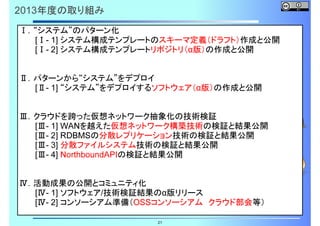 2013年度の取り組み
Ⅰ．“システム”のパターン化
[Ⅰ- 1] システム構成テンプレートのスキーマ定義（ドラフト）作成と公開
[Ⅰ- 2] システム構成テンプレートリポジトリ（α版）の作成と公開

Ⅱ．パターンから“システム”をデプロイ
[Ⅱ- 1] “システム”をデプロイするソフトウェア（α版）の作成と公開

Ⅲ．クラウドを跨った仮想ネットワーク抽象化の技術検証
[Ⅲ- 1] WANを越えた仮想ネットワーク構築技術の検証と結果公開
[Ⅲ- 2] RDBMSの分散レプリケーション技術の検証と結果公開
[Ⅲ- 3] 分散ファイルシステム技術の検証と結果公開
[Ⅲ- 4] NorthboundAPIの検証と結果公開

Ⅳ．活動成果の公開とコミュニティ化
[Ⅳ- 1] ソフトウェア/技術検証結果のα版リリース
[Ⅳ- 2] コンソーシアム準備（OSSコンソーシアム クラウド部会等）
21

 
