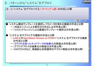 Ⅱ．パターンから“システム”をデプロイ
[Ⅱ- 1] “システム”をデプロイするソフトウェア（α版）の作成と公開

● システム構成テンプレートを選択しパラメータを埋める機能の作成と公開
－ （対話エンジンによる要件の引き出しは次年度以降）
－ （リコメンドエンジンによる最適なテンプレート選択は次年度以降）
● “システム”をデプロイする機能の作成と公開
－ LAN上のOpenStack Havana on KVMへ“システム”をデプロイする機能
の作成と公開
－ （クラウドを跨ったネットワークの抽象化の実装は次年度以降）
－ （アプリデプロイの抽象化の実装は次年度以降）
－ （HAクラスタなど、高機能な自律運用のデプロイ検証は次年度以降）

23

 