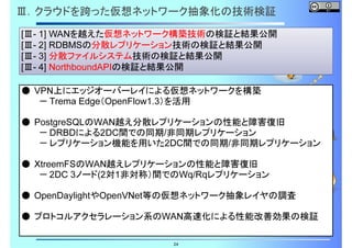 Ⅲ．クラウドを跨った仮想ネットワーク抽象化の技術検証
[Ⅲ- 1] WANを越えた仮想ネットワーク構築技術の検証と結果公開
[Ⅲ- 2] RDBMSの分散レプリケーション技術の検証と結果公開
[Ⅲ- 3] 分散ファイルシステム技術の検証と結果公開
[Ⅲ- 4] NorthboundAPIの検証と結果公開
● VPN上にエッジオーバーレイによる仮想ネットワークを構築
－ Trema Edge（OpenFlow1.3）を活用
● PostgreSQLのWAN越え分散レプリケーションの性能と障害復旧
－ DRBDによる2DC間での同期/非同期レプリケーション
－ レプリケーション機能を用いた2DC間での同期/非同期レプリケーション
● XtreemFSのWAN越えレプリケーションの性能と障害復旧
－ 2DC 3ノード(2対1非対称）間でのWq/Rqレプリケーション
● OpenDaylightやOpenVNet等の仮想ネットワーク抽象レイヤの調査
● プロトコルアクセラレーション系のWAN高速化による性能改善効果の検証
24

 