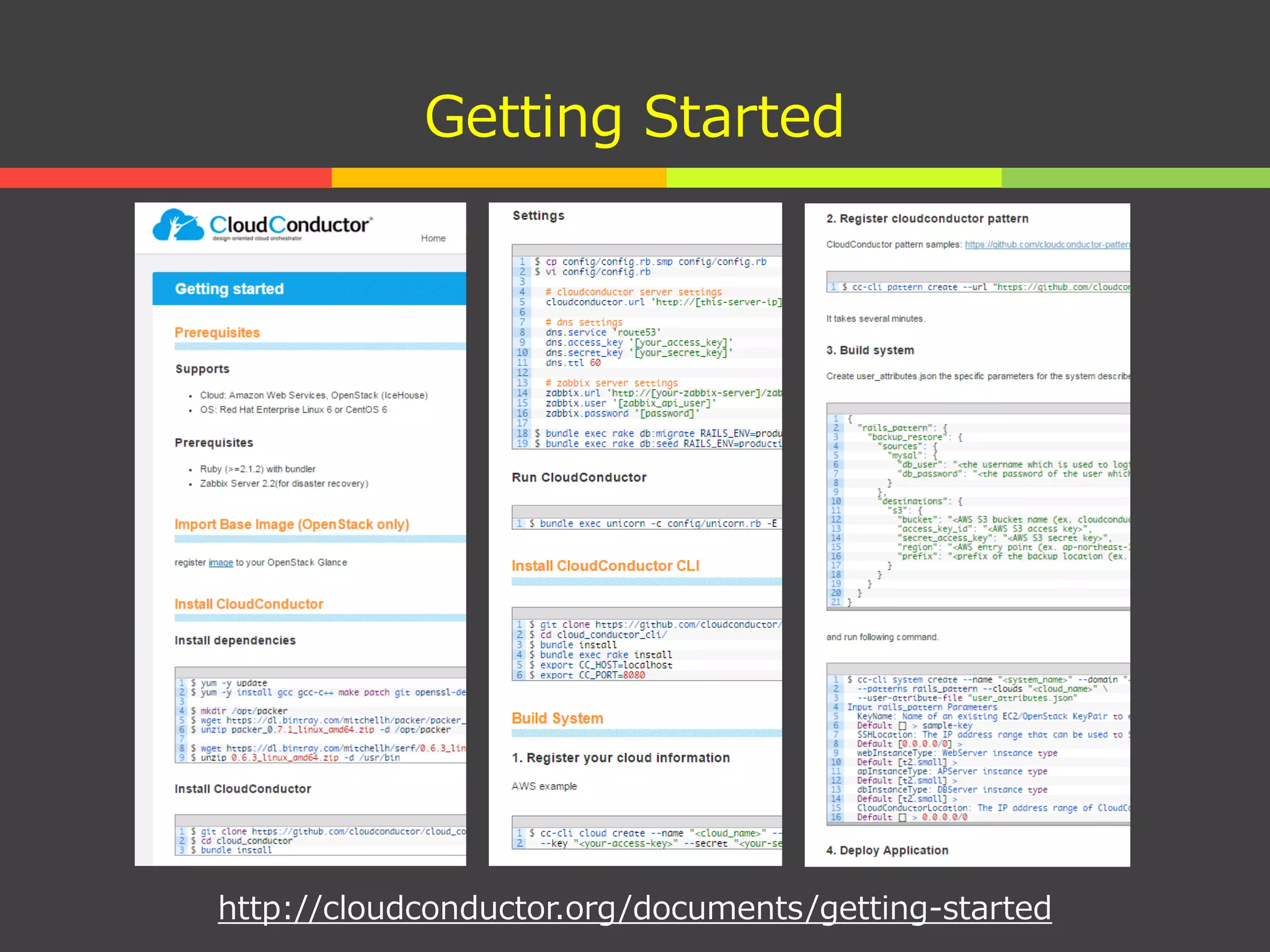 Getting Started
http://cloudconductor.org/documents/getting-started
 