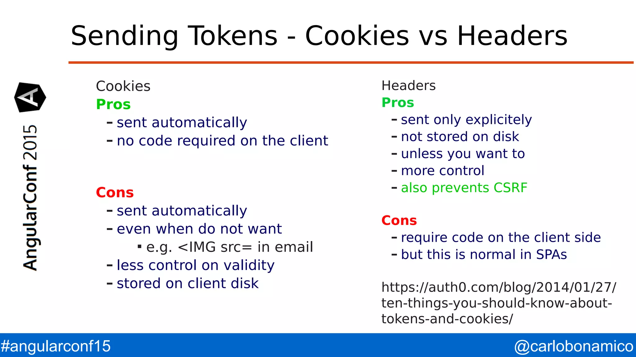 @carlobonamico#angularconf15 Sending Tokens - Cookies vs Headers Cookies Pros – sent automatically – no code required on the client Cons – sent automatically – even when do not want  e.g. <IMG src= in email – less control on validity – stored on client disk Headers Pros – sent only explicitely – not stored on disk – unless you want to – more control – also prevents CSRF Cons – require code on the client side – but this is normal in SPAs https://auth0.com/blog/2014/01/27/ ten-things-you-should-know-about- tokens-and-cookies/ 