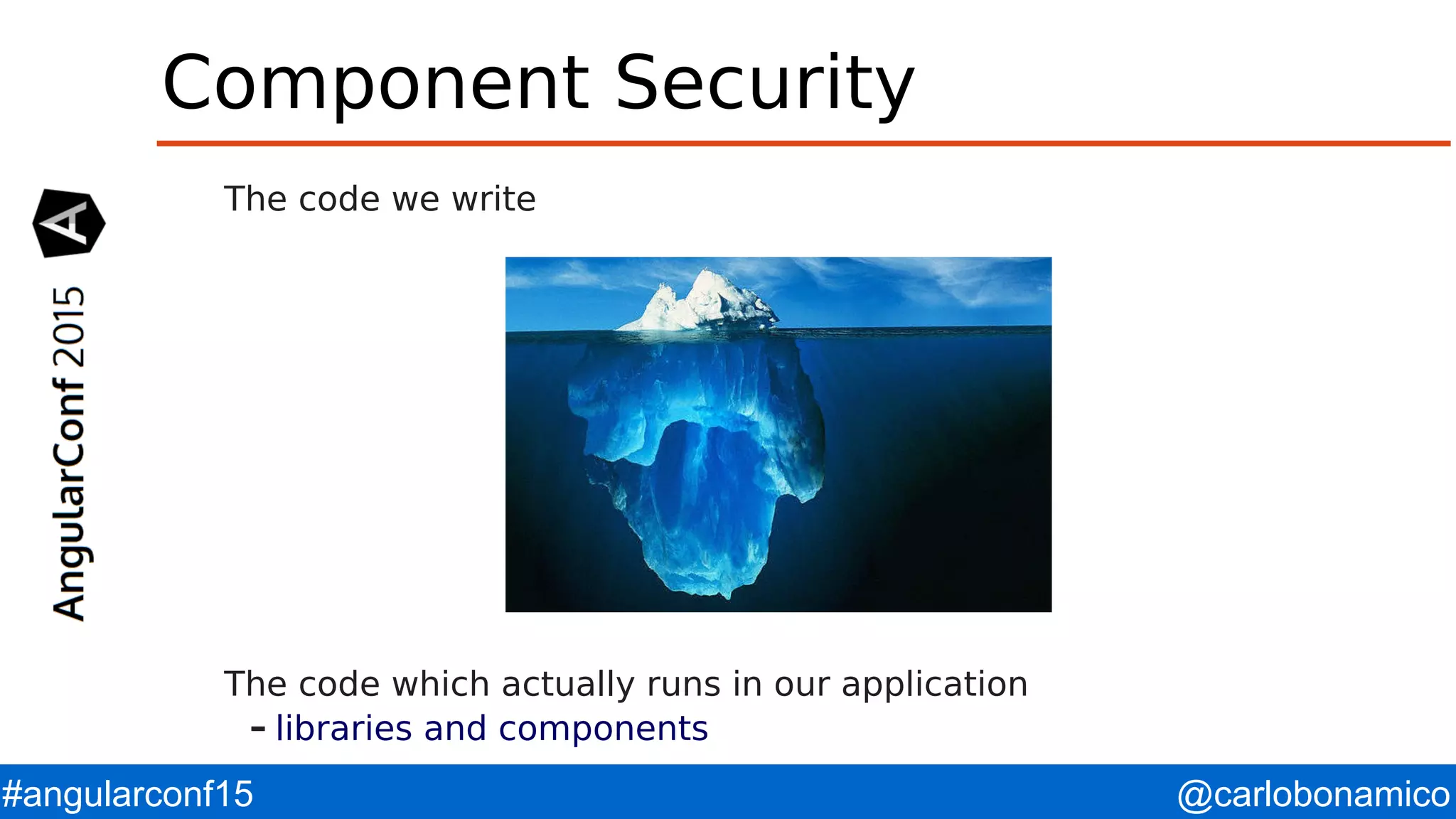 @carlobonamico#angularconf15 Component Security The code we write The code which actually runs in our application – libraries and components 