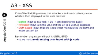 @carlobonamico#angularconf15
A3 - XSS
Cross-Site-Scripting means that attacker can insert custom js code
which is then displayed in the user browser
– stored (input js in a field → DB → sent back to the page)
– reflected (input js in the url, send the url to a user, js executed)
– DOM-based (input triggers js logic that manipulates the DOM and
insert custom js)
Remember: any external input is UNTRUSTED!
– so we must avoid mixing user input with js code
 