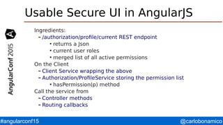 @carlobonamico#angularconf15
Usable Secure UI in AngularJS
Ingredients:
– /authorization/profile/current REST endpoint

returns a Json

current user roles

merged list of all active permissions
On the Client
– Client Service wrapping the above
– Authorization/ProfileService storing the permission list

hasPermission(p) method
Call the service from
– Controller methods
– Routing callbacks
 