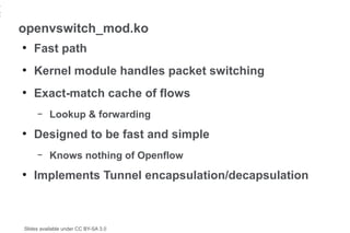 1
2
    openvswitch_mod.ko
    ●
        Fast path
    ●
        Kernel module handles packet switching
    ●
        Exact-match cache of flows
         –    Lookup & forwarding
    ●
        Designed to be fast and simple
         –    Knows nothing of Openflow
    ●
        Implements Tunnel encapsulation/decapsulation



    Slides available under CC BY-SA 3.0
 