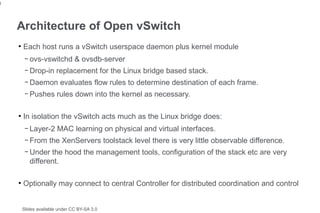 9


    Architecture of Open vSwitch
    ●
        Each host runs a vSwitch userspace daemon plus kernel module
         –   ovs-vswitchd & ovsdb-server
         –   Drop-in replacement for the Linux bridge based stack.
         –   Daemon evaluates flow rules to determine destination of each frame.
         –   Pushes rules down into the kernel as necessary.

    ●
        In isolation the vSwitch acts much as the Linux bridge does:
         –   Layer-2 MAC learning on physical and virtual interfaces.
         –   From the XenServers toolstack level there is very little observable difference.
         –   Under the hood the management tools, configuration of the stack etc are very
             different.

    ●
        Optionally may connect to central Controller for distributed coordination and control


        Slides available under CC BY-SA 3.0
 