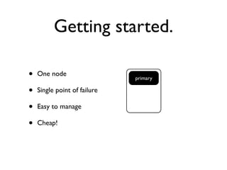 Getting started.

•   One node
                              primary

•   Single point of failure

•   Easy to manage

•   Cheap!
 