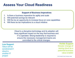 Assess Your Cloud Readiness

                         Support of Business Imperatives
 1.   Is there a business imperative for agility and scale
 2.   Will potential savings be relevant
 3.   Will the be an opportunity to increase focus on core capabilities
 4.   Will there be tax implications to a cloud initiative



                 Cloud is a disruptive technology and its adoption will
                 have significant impact on the way that business and
                    IT is operated. Strong leadership is required to
                    ensure the necessary management teams are
                           committed to the critical changes.

Low Support                                                            Visible Support
Value will be                                                         Greater change of
constrained if                                                        seeing cloud as a
cloud is                                                              potential business
another IT                                                                value enabler
project                                                              © 2012 Deloitte Touche Tohmatsu Limited
 