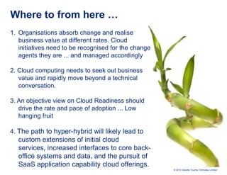 Where to from here …
1. Organisations absorb change and realise
   business value at different rates. Cloud
   initiatives need to be recognised for the change
   agents they are ... and managed accordingly

2. Cloud computing needs to seek out business
   value and rapidly move beyond a technical
   conversation.

3. An objective view on Cloud Readiness should
   drive the rate and pace of adoption ... Low
   hanging fruit

4. The path to hyper-hybrid will likely lead to
  custom extensions of initial cloud
  services, increased interfaces to core back-
  office systems and data, and the pursuit of
  SaaS application capability cloud offerings.
                                                      © 2012 Deloitte Touche Tohmatsu Limited
 