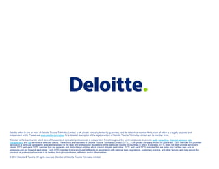 Deloitte refers to one or more of Deloitte Touche Tohmatsu Limited, a UK private company limited by guarantee, and its network of member firms, each of which is a legally separate and
independent entity. Please see www.deloitte.com/about for a detailed description of the legal structure of Deloitte Touche Tohmatsu Limited and its member firms.

“Deloitte” is the brand under which tens of thousands of dedicated professionals in independent firms throughout the world collaborate to provide audit, consulting, financial advisory, risk
management, and tax services to selected clients. These firms are members of Deloitte Touche Tohmatsu Limited (DTTL), a UK private company limited by guarantee. Each member firm provides
services in a particular geographic area and is subject to the laws and professional regulations of the particular country or countries in which it operates. DTTL does not itself provide services to
clients. DTTL and each DTTL member firm are separate and distinct legal entities, which cannot obligate each other. DTTL and each DTTL member firm are liable only for their own acts or
omissions and not those of each other. Each DTTL member firm is structured differently in accordance with national laws, regulations, customary practice, and other factors, and may secure the
provision of professional services in its territory through subsidiaries, affiliates, and/or other entities.

© 2012 Deloitte & Touche. All rights reserved. Member of Deloitte Touche Tohmatsu Limited
 