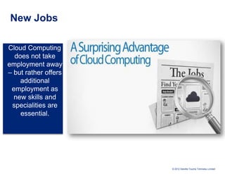 New Jobs

Cloud Computing
  does not take
employment away
– but rather offers
    additional
 employment as
  new skills and
 specialities are
    essential.




                      © 2012 Deloitte Touche Tohmatsu Limited
 