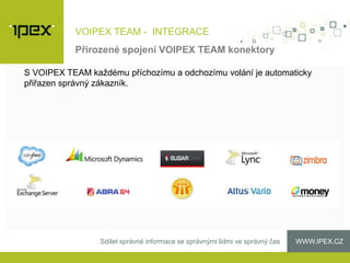 WWW.IPEX.CZSdílet správné informace se správnými lidmi ve správný čas
VOIPEX TEAM - INTEGRACE
Přirozené spojení VOIPEX TEAM konektory
S VOIPEX TEAM každému příchozímu a odchozímu volání je automaticky
přiřazen správný zákazník.
 
