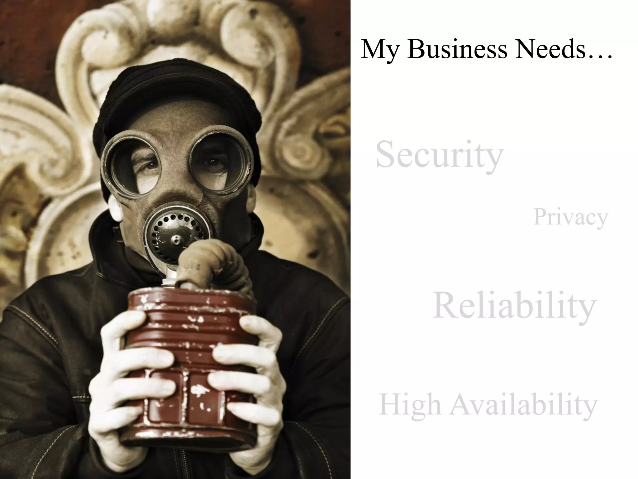 My Business Needs…


Security
            Privacy


     Reliability

 High Availability
 