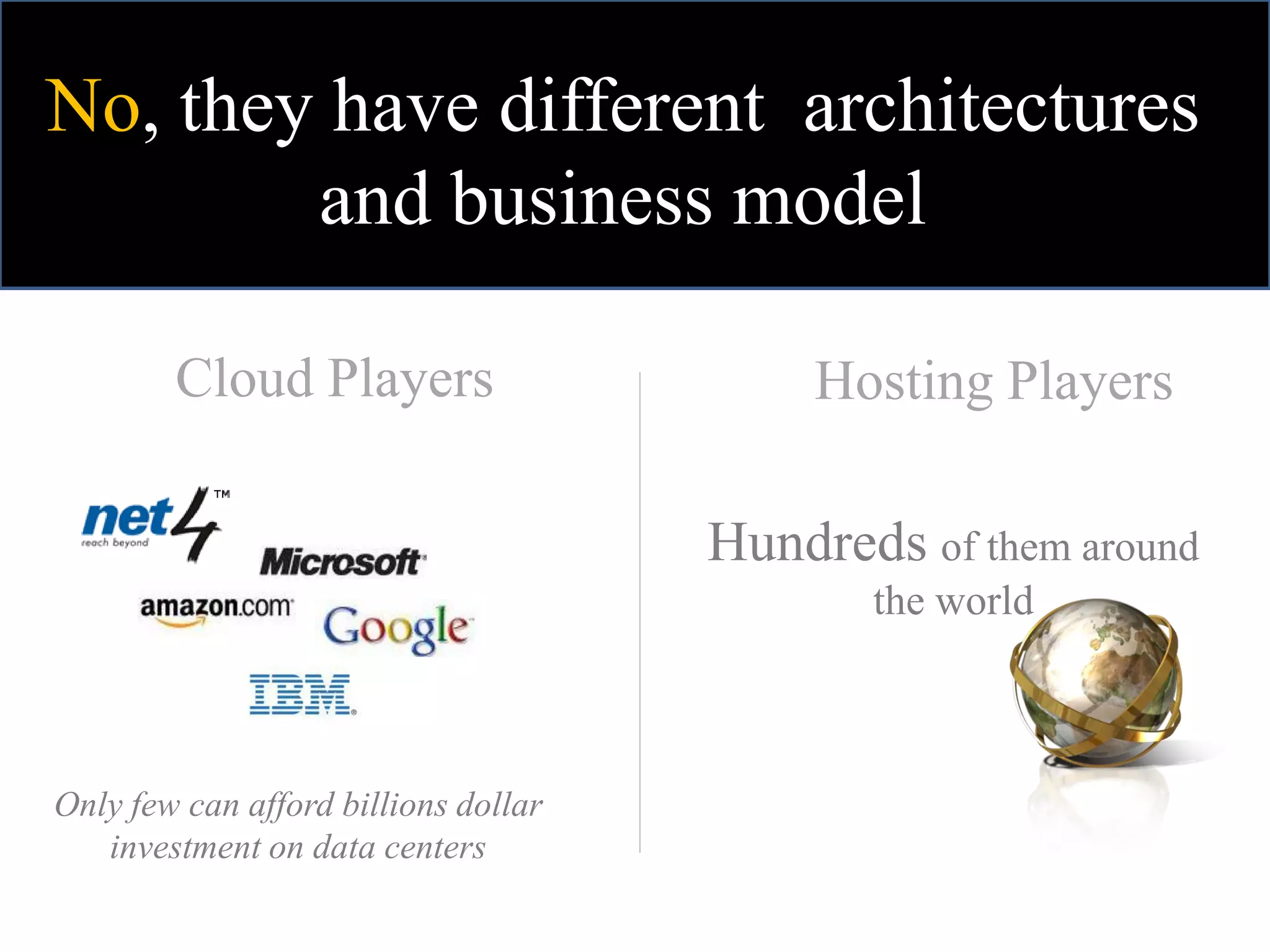 No, they have different architectures
        and business model

        Cloud Players                      Hosting Players

                                      Hundreds of them around
                                             the world



Only few can afford billions dollar
   investment on data centers
 