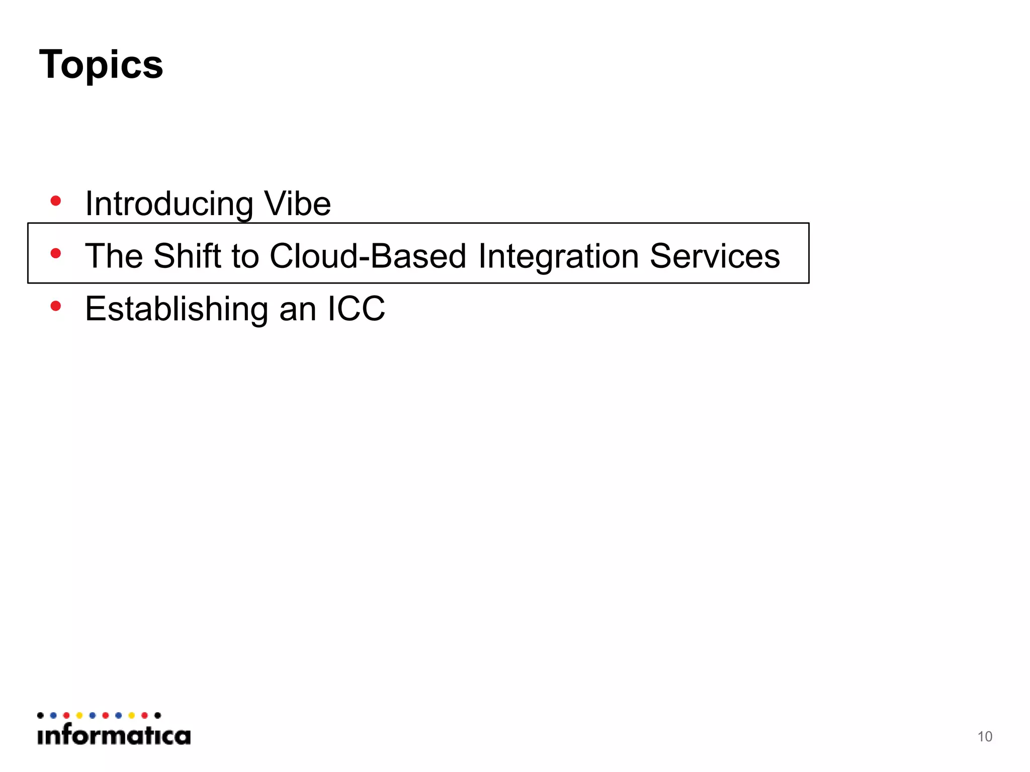 • Introducing Vibe
• The Shift to Cloud-Based Integration Services
• Establishing an ICC
Topics
10
 