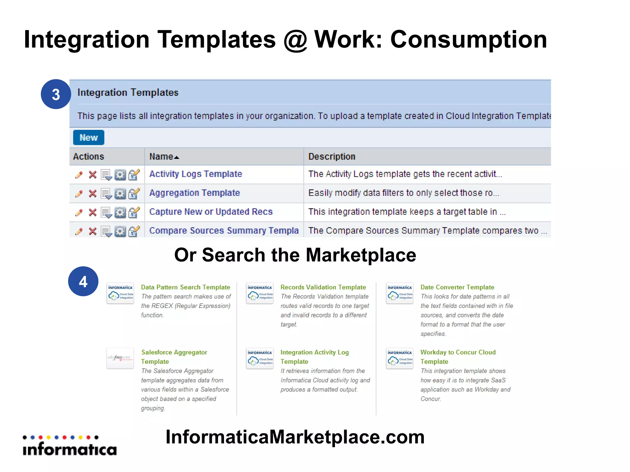 Integration Templates @ Work: Consumption
InformaticaMarketplace.com
4
Or Search the Marketplace
3
 
