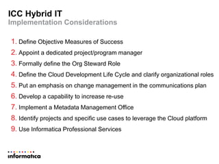 ICC Hybrid IT
Implementation Considerations
1. Define Objective Measures of Success
2. Appoint a dedicated project/program manager
3. Formally define the Org Steward Role
4. Define the Cloud Development Life Cycle and clarify organizational roles
5. Put an emphasis on change management in the communications plan
6. Develop a capability to increase re-use
7. Implement a Metadata Management Office
8. Identify projects and specific use cases to leverage the Cloud platform
9. Use Informatica Professional Services
 