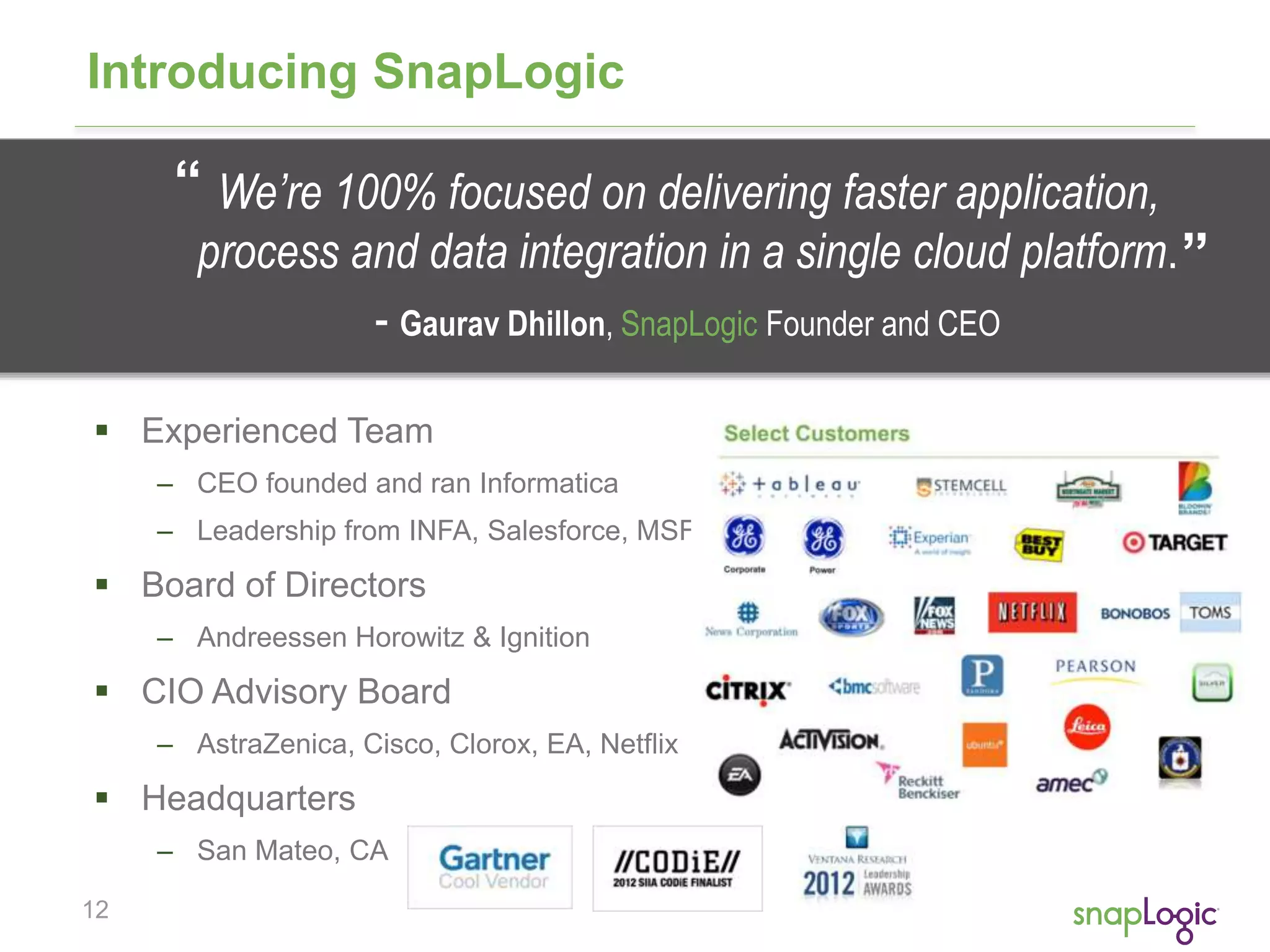 12
Introducing SnapLogic
 Experienced Team
– CEO founded and ran Informatica
– Leadership from INFA, Salesforce, MSFT
 Board of Directors
– Andreessen Horowitz & Ignition
 CIO Advisory Board
– AstraZenica, Cisco, Clorox, EA, Netflix
 Headquarters
– San Mateo, CA
We’re 100% focused on delivering faster application,
process and data integration in a single cloud platform.
- Gaurav Dhillon, SnapLogic Founder and CEO
““
 