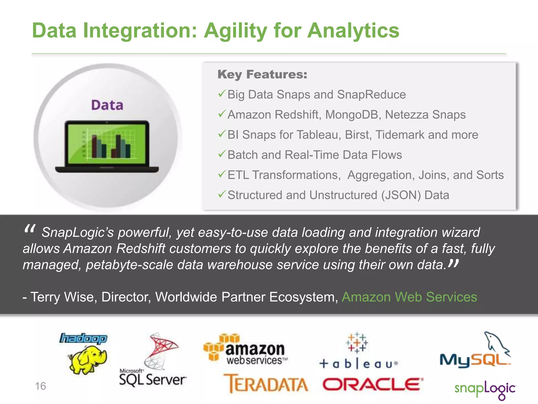 16
Key Features:
Big Data Snaps and SnapReduce
Amazon Redshift, MongoDB, Netezza Snaps
BI Snaps for Tableau, Birst, Tidemark and more
Batch and Real-Time Data Flows
ETL Transformations, Aggregation, Joins, and Sorts
Structured and Unstructured (JSON) Data
Data Integration: Agility for Analytics
SnapLogic’s powerful, yet easy-to-use data loading and integration wizard
allows Amazon Redshift customers to quickly explore the benefits of a fast, fully
managed, petabyte-scale data warehouse service using their own data.
- Terry Wise, Director, Worldwide Partner Ecosystem, Amazon Web Services
“ “
 