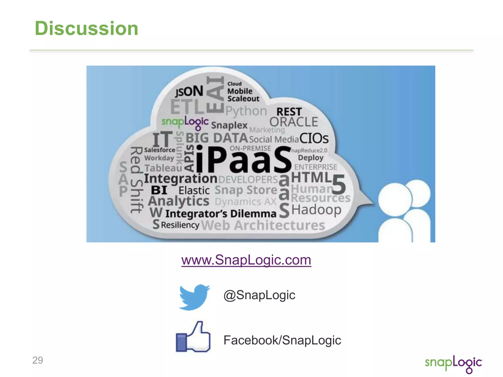 29
Discussion
@SnapLogic
Facebook/SnapLogic
www.SnapLogic.com
 