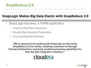 18
SnapReduce 2.0
• SnapLogic becomes a YARN application
• Improved Big Data Acquisition
• Double Data Scientist Productivity
• Universal Big Data Delivery
“We’re pleased to be working with SnapLogic as they bring
SnapReduce 2.0 to market, enabling customers to leverage
Cloudera Enterprise’s massively parallel processing capabilities for
their big data integration initiatives.”
 
