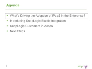 2
Agenda
 What’s Driving the Adoption of iPaaS in the Enterprise?
 Introducing SnapLogic Elastic Integration
 SnapLogic Customers in Action
 Next Steps
 