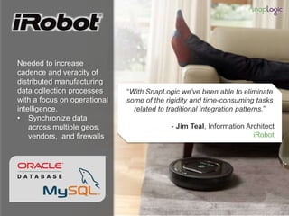 24 24
Needed to increase
cadence and veracity of
distributed manufacturing
data collection processes
with a focus on operational
intelligence.
• Synchronize data
across multiple geos,
vendors, and firewalls
“With SnapLogic we’ve been able to eliminate
some of the rigidity and time-consuming tasks
related to traditional integration patterns.”
- Jim Teal, Information Architect
iRobot
 