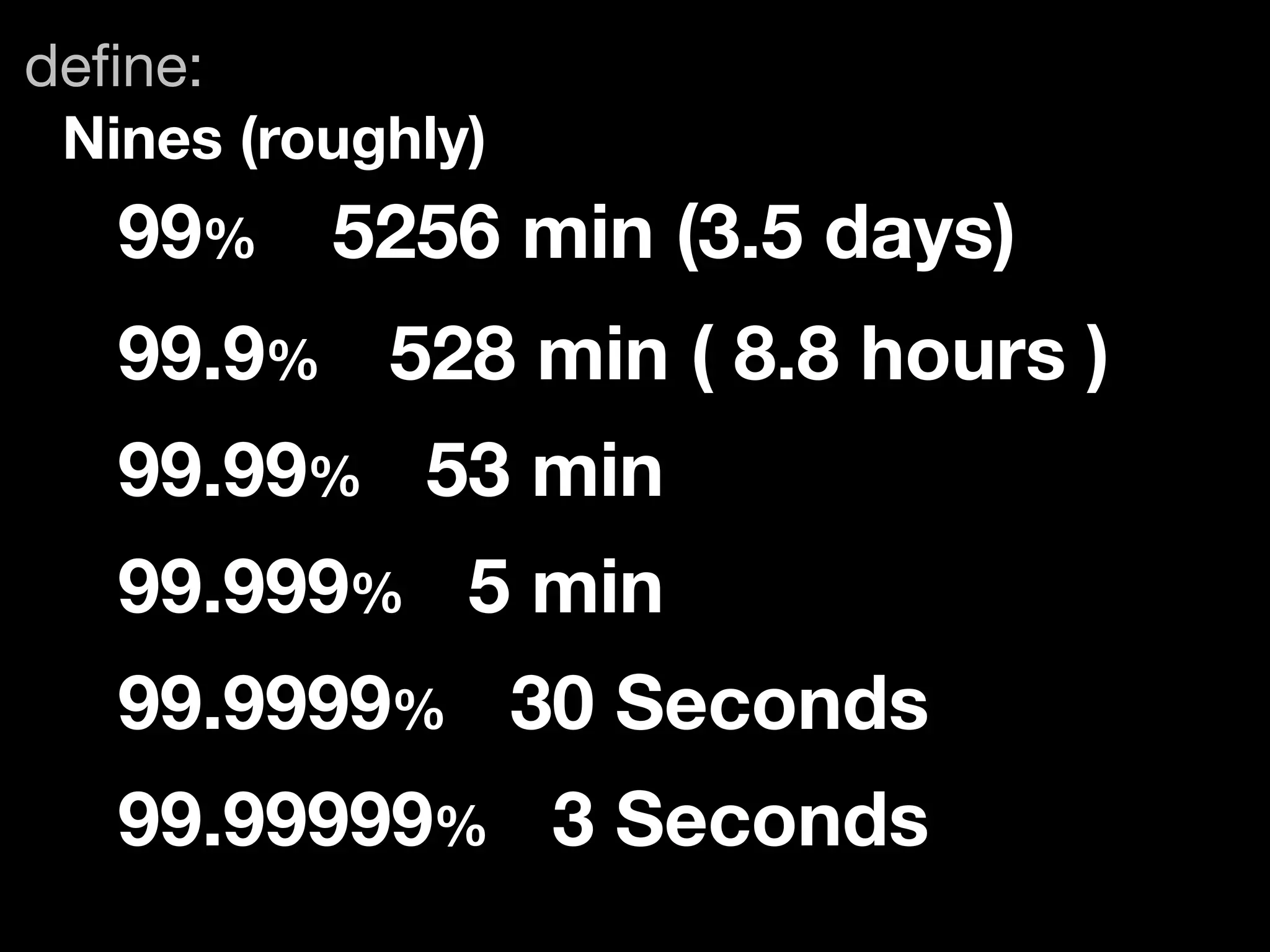 deﬁne:
 Nines (roughly)
   99%	 5256 min (3.5 days)
   99.9%	 528 min ( 8.8 hours )
   99.99% 53 min
   99.999% 5 min
   99.9999% 30 Seconds
   99.99999% 3 Seconds
 