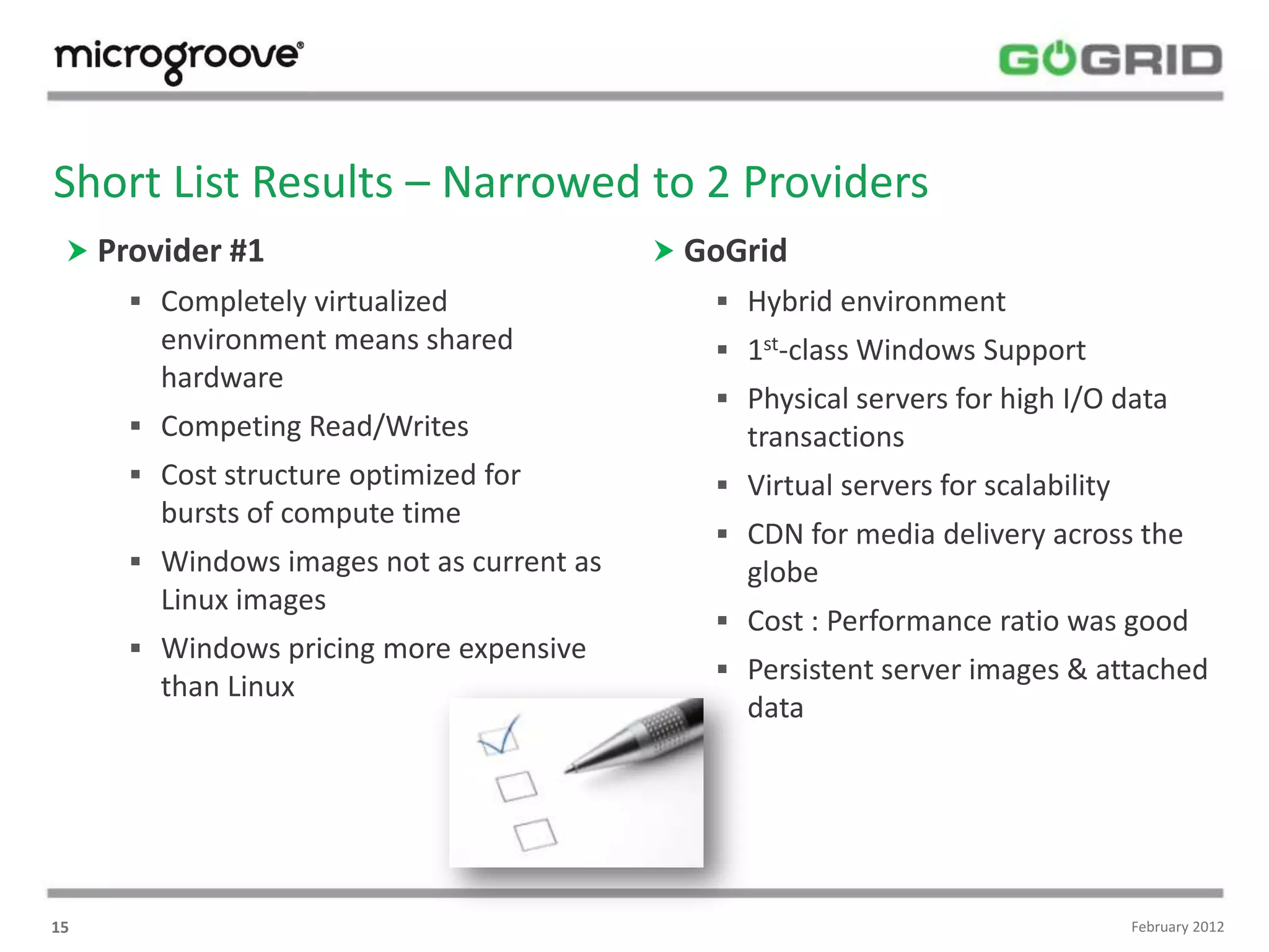 Short List Results – Narrowed to 2 Providers
  Provider #1                             GoGrid
      Completely virtualized                 Hybrid environment
       environment means shared               1st-class Windows Support
       hardware
                                              Physical servers for high I/O data
      Competing Read/Writes                   transactions
      Cost structure optimized for           Virtual servers for scalability
       bursts of compute time
                                              CDN for media delivery across the
      Windows images not as current as        globe
       Linux images
                                              Cost : Performance ratio was good
      Windows pricing more expensive
                                              Persistent server images & attached
       than Linux
                                               data




15                                                                               February 2012
 