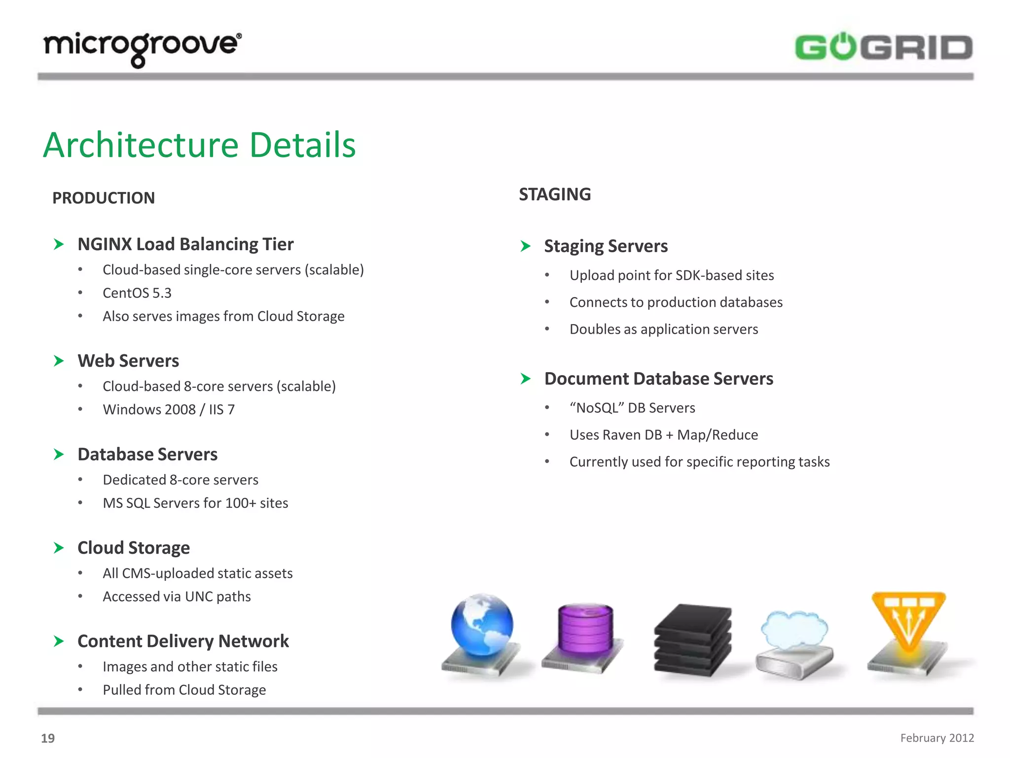 Architecture Details
 PRODUCTION                                           STAGING

  NGINX Load Balancing Tier                           Staging Servers
     •   Cloud-based single-core servers (scalable)     •   Upload point for SDK-based sites
     •   CentOS 5.3
                                                        •   Connects to production databases
     •   Also serves images from Cloud Storage
                                                        •   Doubles as application servers

  Web Servers
     •   Cloud-based 8-core servers (scalable)         Document Database Servers
     •   Windows 2008 / IIS 7                           •   “NoSQL” DB Servers
                                                        •   Uses Raven DB + Map/Reduce
  Database Servers                                     •   Currently used for specific reporting tasks
     •   Dedicated 8-core servers
     •   MS SQL Servers for 100+ sites

  Cloud Storage
     •   All CMS-uploaded static assets
     •   Accessed via UNC paths

  Content Delivery Network
     •   Images and other static files
     •   Pulled from Cloud Storage


19                                                                                                        February 2012
 