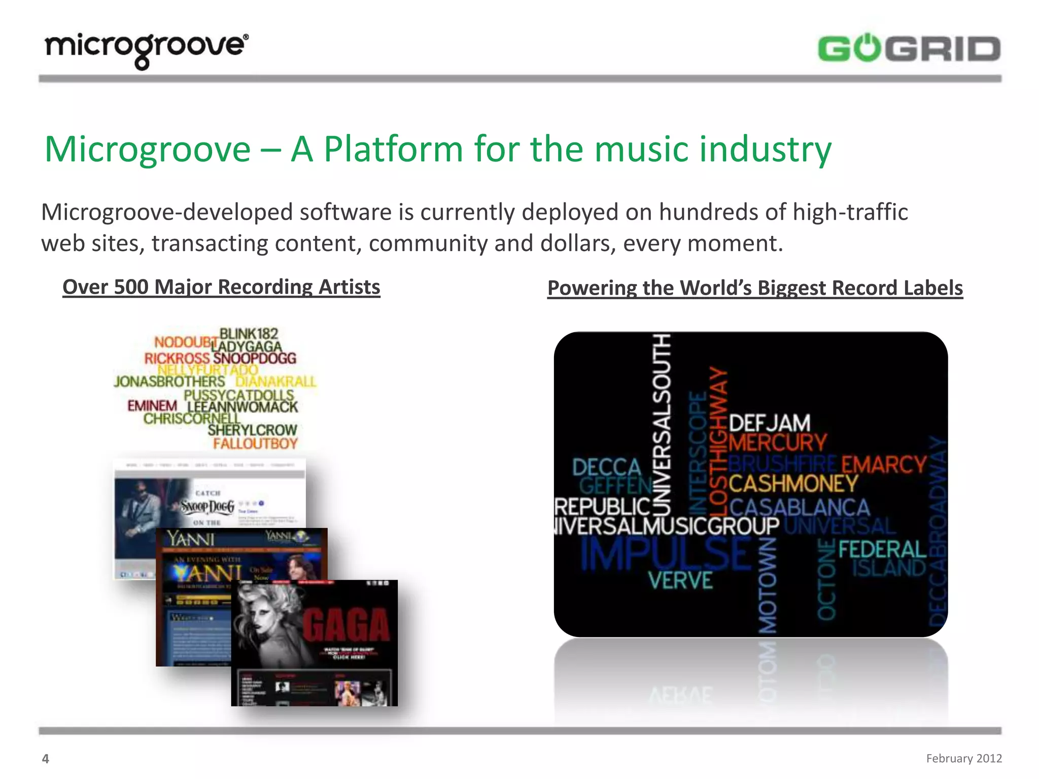 Microgroove – A Platform for the music industry
Microgroove-developed software is currently deployed on hundreds of high-traffic
web sites, transacting content, community and dollars, every moment.
    Over 500 Major Recording Artists          Powering the World’s Biggest Record Labels




4                                                                                   February 2012
 